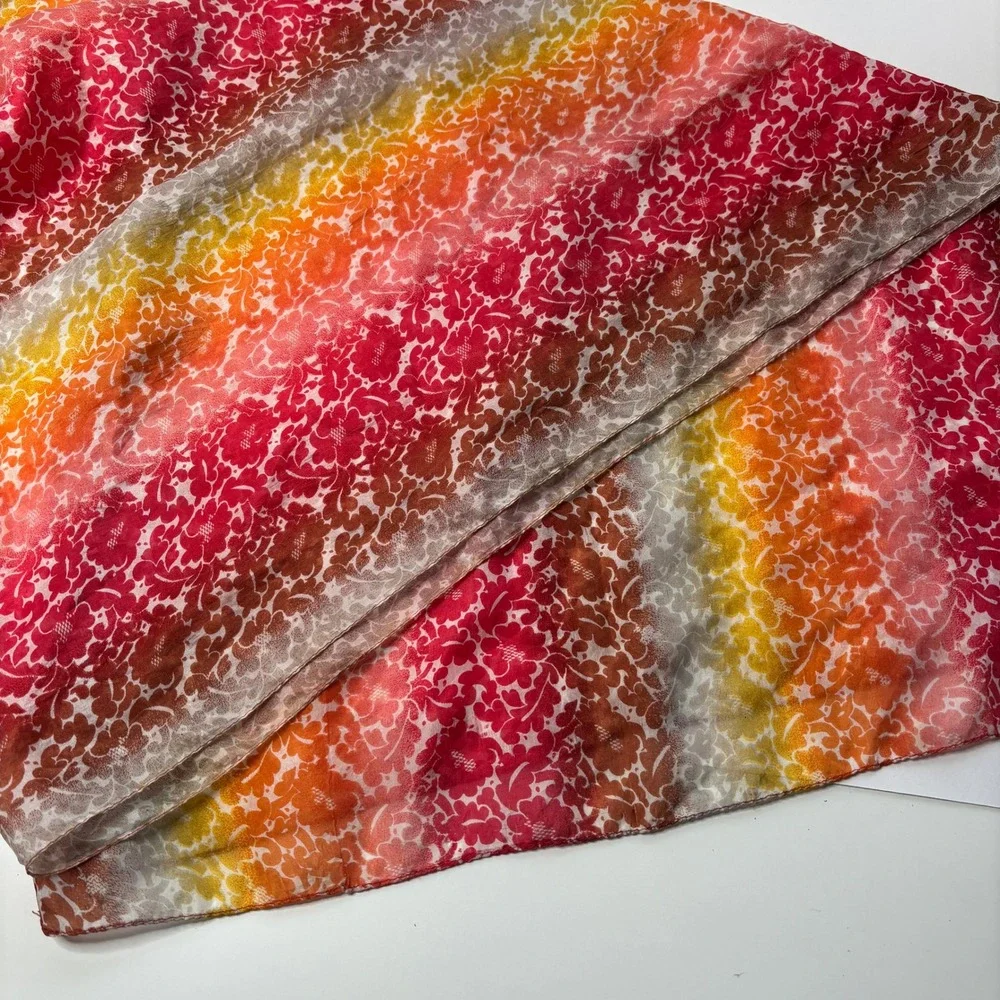 VTG Floral Silk Rectangle Scarf Ombre Red Orange Yellow Sunset Print Sheer Fairy